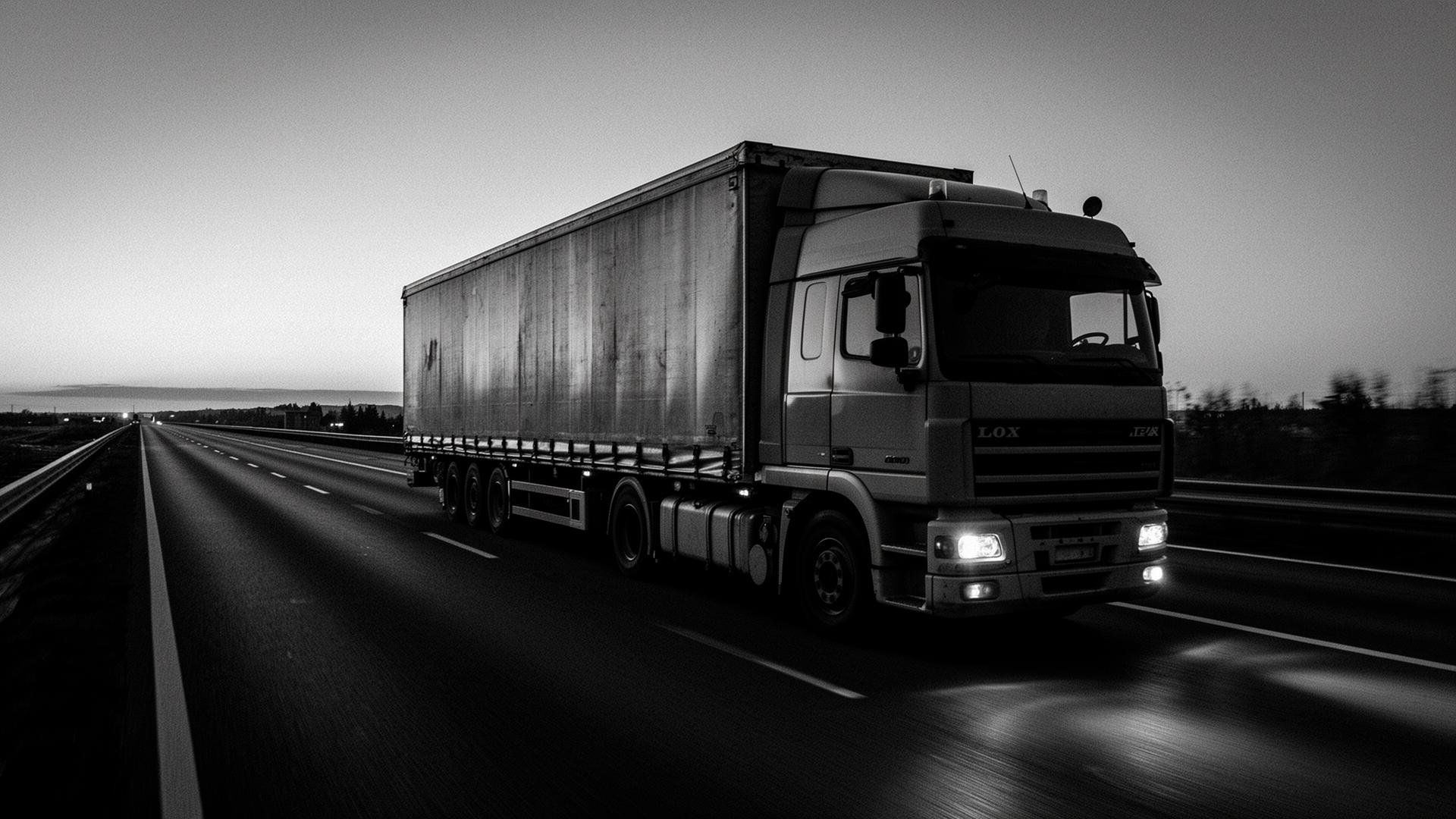 European cargo truck on highway at dusk